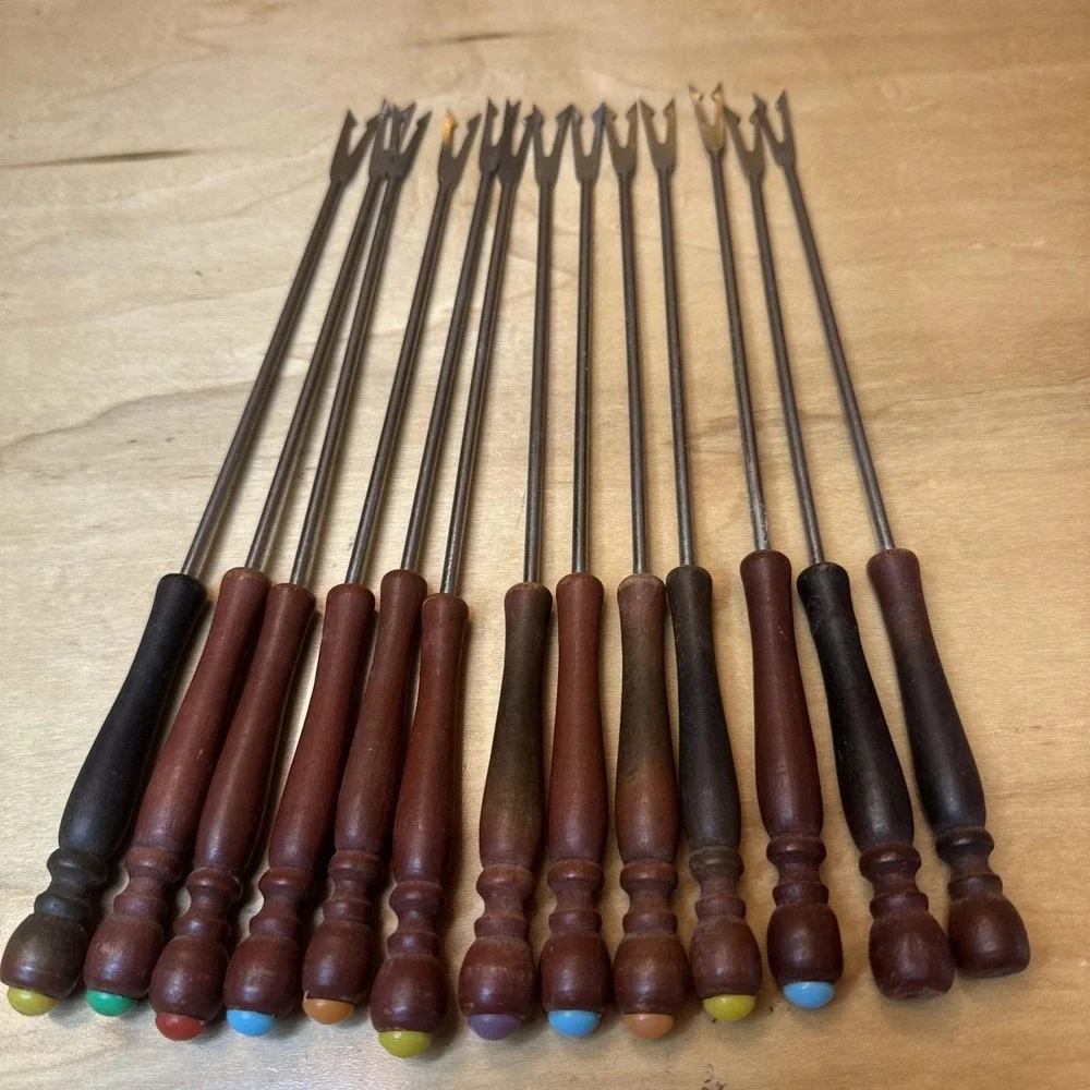Vintage Set of 13 Stainless Steel Fondue Forks Skewers Reddish Wood Base 9.5